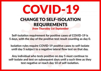 Change to self-isolation requirements for COVID positive cases from 1st September 2022